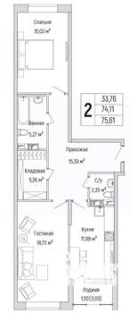 2-к квартира, вторичка, 76м2, 6/9 этаж