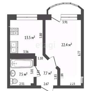 1-к квартира, вторичка, 51м2, 3/5 этаж