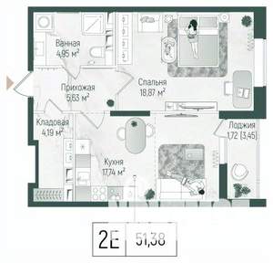 1-к квартира, вторичка, 53м2, 4/10 этаж