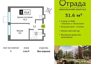 1-к квартира, вторичка, 32м2, 6/9 этаж