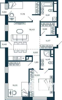 3-к квартира, строящийся дом, 86м2, 22/25 этаж