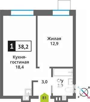 1-к квартира, вторичка, 38м2, 4/9 этаж