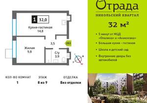 1-к квартира, вторичка, 32м2, 8/9 этаж