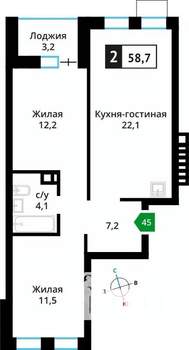 2-к квартира, вторичка, 59м2, 4/6 этаж