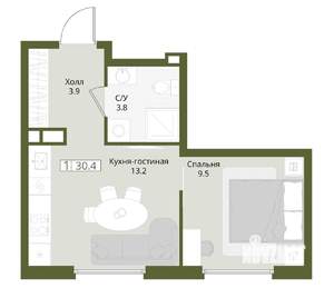 1-к квартира, вторичка, 30м2, 5/8 этаж