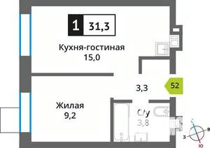 1-к квартира, строящийся дом, 31м2, 3/6 этаж