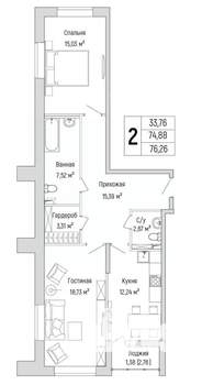 2-к квартира, вторичка, 76м2, 1/9 этаж