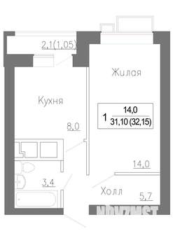 1-к квартира, строящийся дом, 32м2, 3/4 этаж