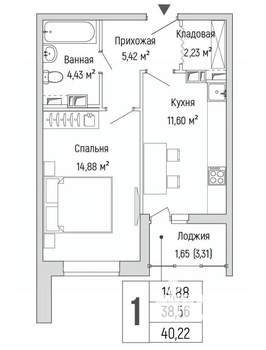 1-к квартира, вторичка, 40м2, 6/9 этаж