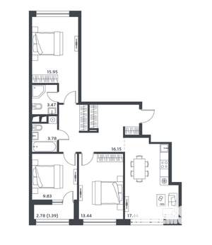 3-к квартира, сданный дом, 80м2, 7/15 этаж