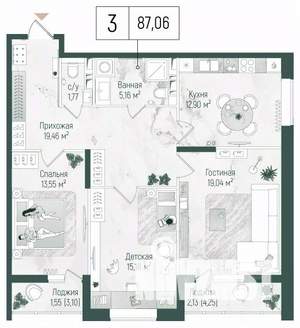 3-к квартира, вторичка, 91м2, 8/10 этаж