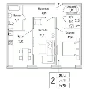 2-к квартира, вторичка, 65м2, 1/9 этаж