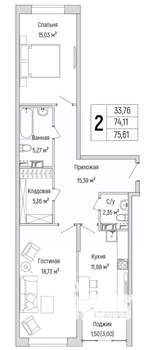 2-к квартира, вторичка, 76м2, 9/9 этаж
