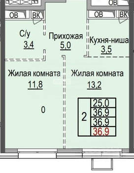 2-к квартира, сданный дом, 37м2, 16/24 этаж