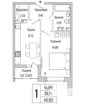1-к квартира, вторичка, 41м2, 8/9 этаж