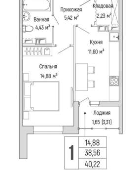 1-к квартира, вторичка, 40м2, 9/9 этаж