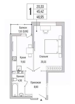 1-к квартира, вторичка, 47м2, 9/9 этаж