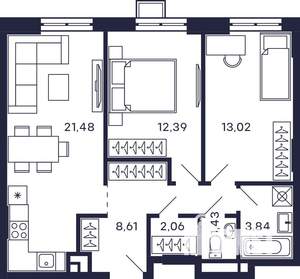 2-к квартира, строящийся дом, 63м2, 6/28 этаж