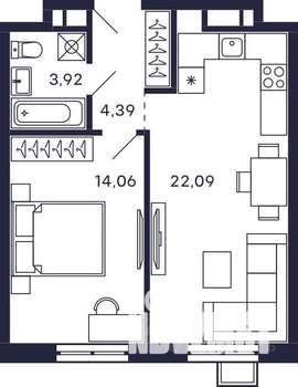 1-к квартира, строящийся дом, 44м2, 26/28 этаж