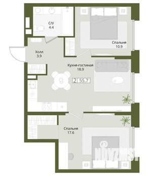 2-к квартира, вторичка, 56м2, 1/8 этаж