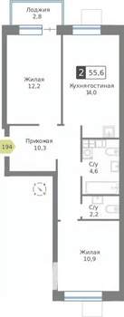 2-к квартира, строящийся дом, 56м2, 6/9 этаж