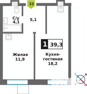 1-к квартира, вторичка, 39м2, 7/9 этаж