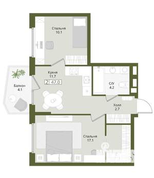 2-к квартира, вторичка, 47м2, 3/8 этаж