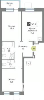 2-к квартира, строящийся дом, 55м2, 8/9 этаж