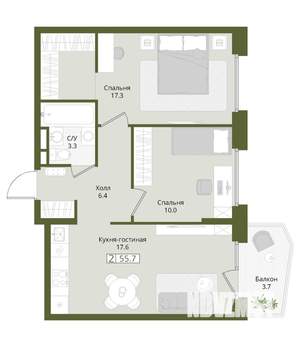 2-к квартира, вторичка, 56м2, 3/8 этаж
