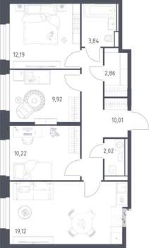 3-к квартира, строящийся дом, 70м2, 19/24 этаж