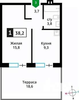 1-к квартира, вторичка, 38м2, 1/6 этаж