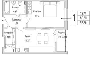 1-к квартира, вторичка, 52м2, 1/9 этаж