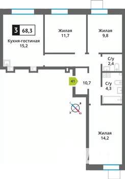 3-к квартира, вторичка, 68м2, 8/9 этаж