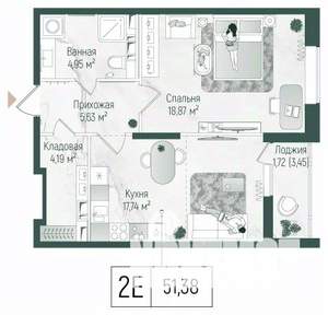 1-к квартира, вторичка, 53м2, 5/10 этаж