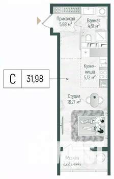 Студия квартира, вторичка, 34м2, 4/10 этаж