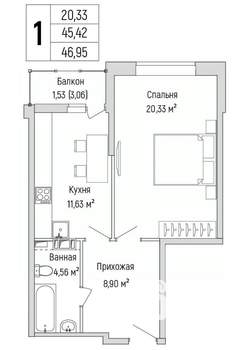 1-к квартира, вторичка, 47м2, 8/9 этаж