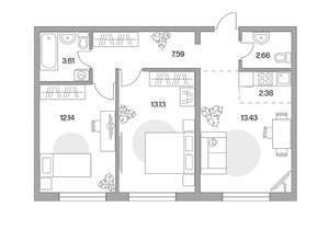 3-к квартира, строящийся дом, 55м2, 6/14 этаж