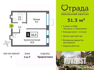 1-к квартира, вторичка, 31м2, 6/9 этаж