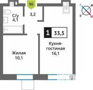 1-к квартира, вторичка, 34м2, 5/9 этаж