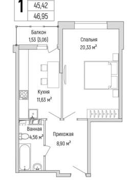 1-к квартира, вторичка, 47м2, 6/9 этаж