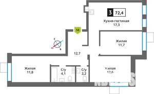 3-к квартира, вторичка, 72м2, 8/9 этаж
