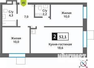 2-к квартира, вторичка, 52м2, 7/9 этаж