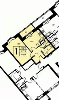1-к квартира, вторичка, 43м2, 2/6 этаж