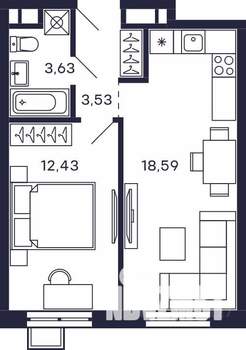 1-к квартира, строящийся дом, 40м2, 26/28 этаж