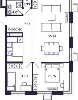 2-к квартира, строящийся дом, 73м2, 28/28 этаж