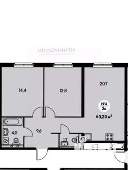 2-к квартира, сданный дом, 63м2, 20/34 этаж