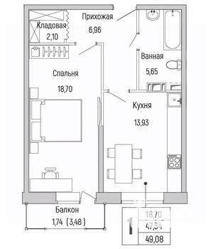 1-к квартира, вторичка, 49м2, 4/9 этаж