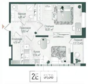 1-к квартира, вторичка, 53м2, 8/10 этаж