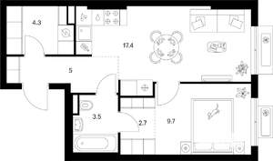 1-к квартира, вторичка, 43м2, 6/9 этаж