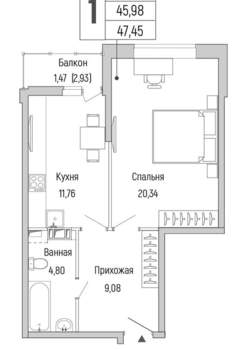 1-к квартира, вторичка, 47м2, 2/9 этаж